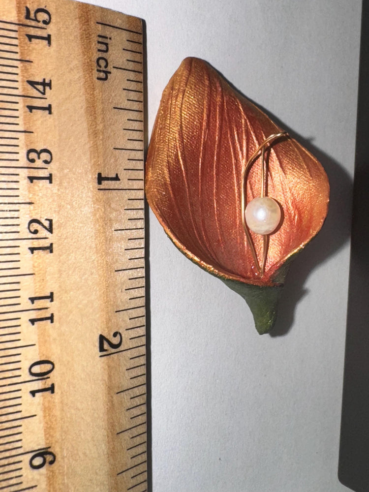 Vintage Calla Lily Enamel Brooch with Pearl and 14K Gold Accent Unique and Unusual