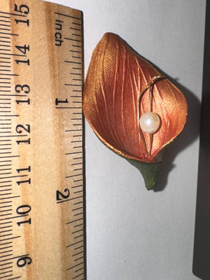 Vintage Calla Lily Enamel Brooch with Pearl and 14K Gold Accent Unique and Unusual