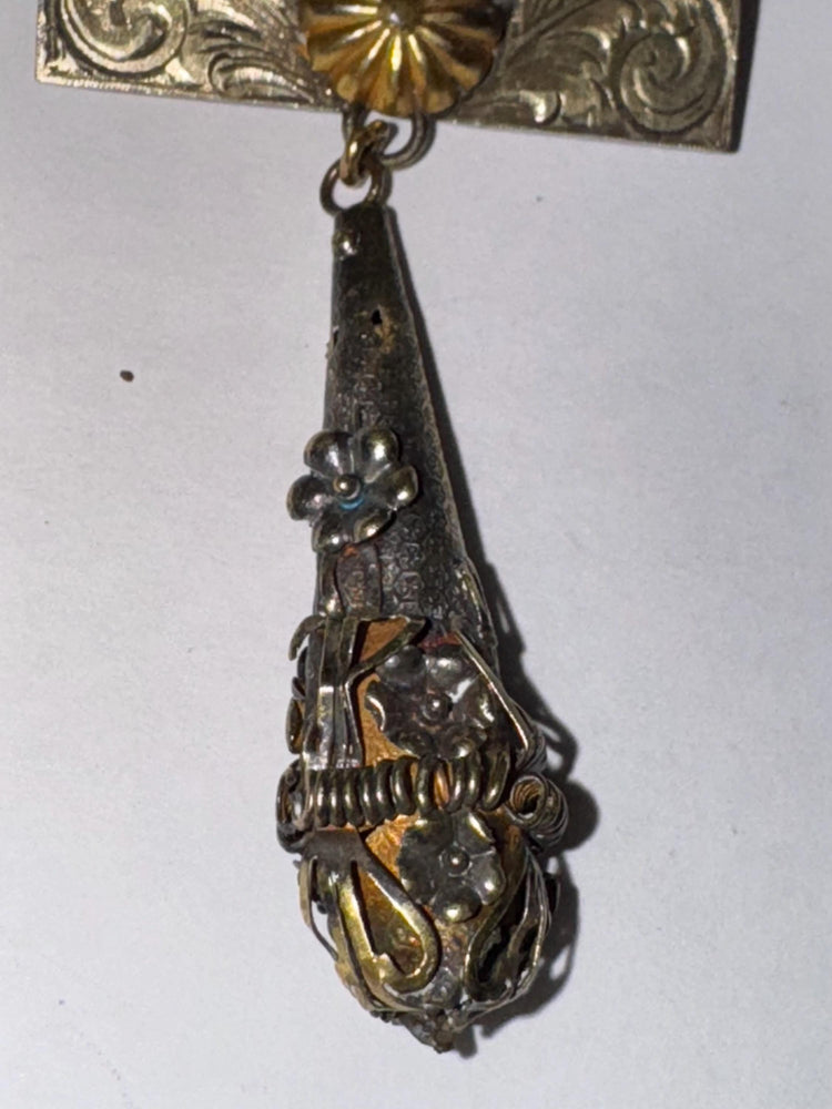 Antique Sterling Silver & 14k Gold Watch Pin Brooch – Victorian Floral Drop, Mixed Metal, C-Clasp