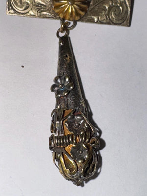Antique Sterling Silver & 14k Gold Watch Pin Brooch – Victorian Floral Drop, Mixed Metal, C-Clasp