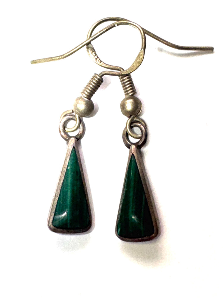 Vintage Green Malachite Inlay Dangle Earrings – Trapezoid Drop, Silver Tone, Boho Southwestern Style