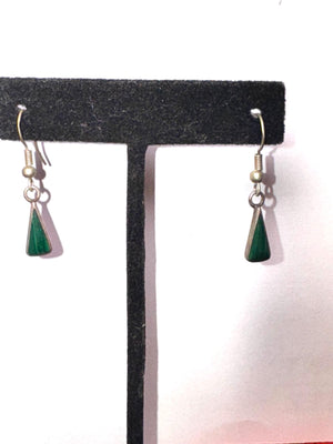 Vintage Green Malachite Inlay Dangle Earrings – Trapezoid Drop, Silver Tone, Boho Southwestern Style