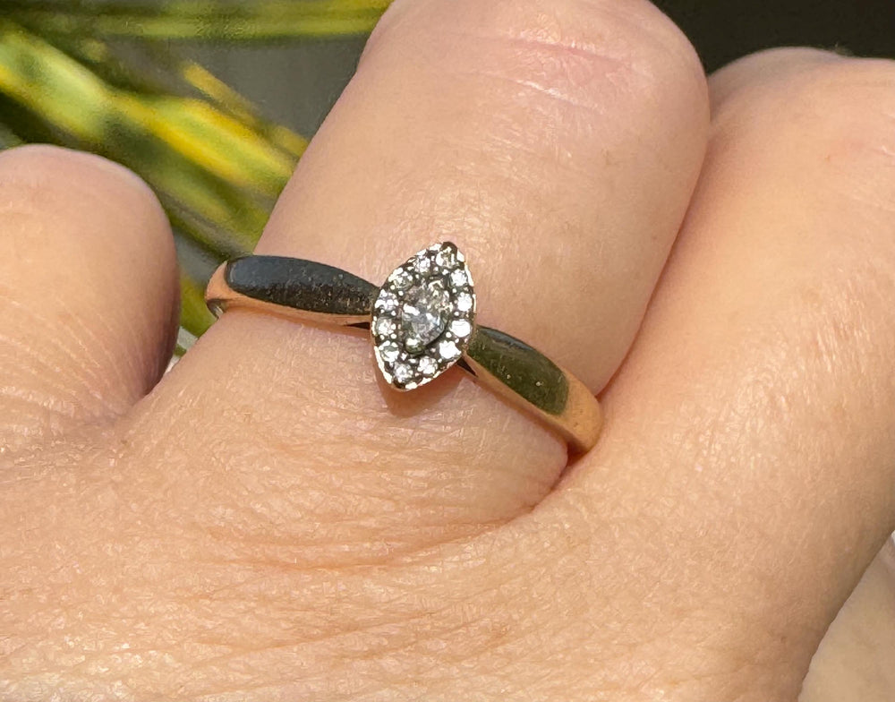 Vintage 10K Yellow Gold Marquise Diamond Halo Ring - Size 8