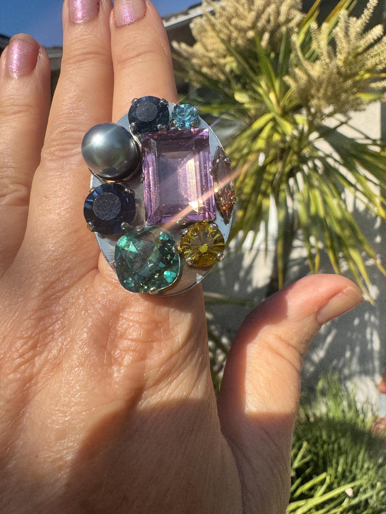 Philippe Ferrandis Paris Crystal Cocktail Ring: Faux Pearl, Adjustable Size 6-9