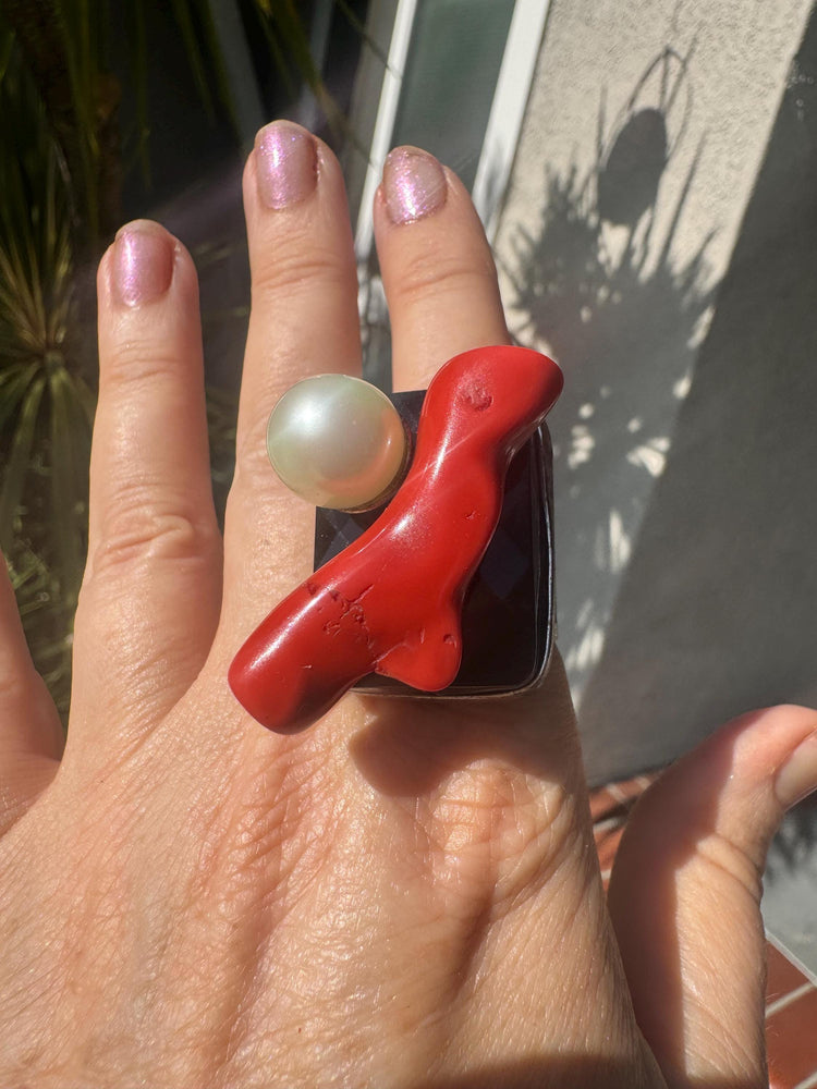 Philippe Ferrandis Paris Statement Ring: Coral, Faux Pearl, Patina Finish, Adjustable Size 6-9
