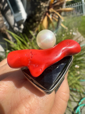 Philippe Ferrandis Paris Statement Ring: Coral, Faux Pearl, Patina Finish, Adjustable Size 6-9