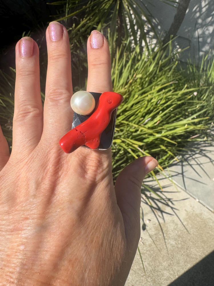 Philippe Ferrandis Paris Statement Ring: Coral, Faux Pearl, Patina Finish, Adjustable Size 6-9