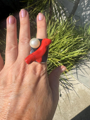 Philippe Ferrandis Paris Statement Ring: Coral, Faux Pearl, Patina Finish, Adjustable Size 6-9
