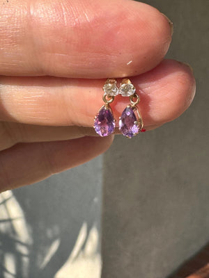 Vintage 10k Gold Amethyst & CZ Drop Earrings – Pear Cut Purple Stone Dangle Studs