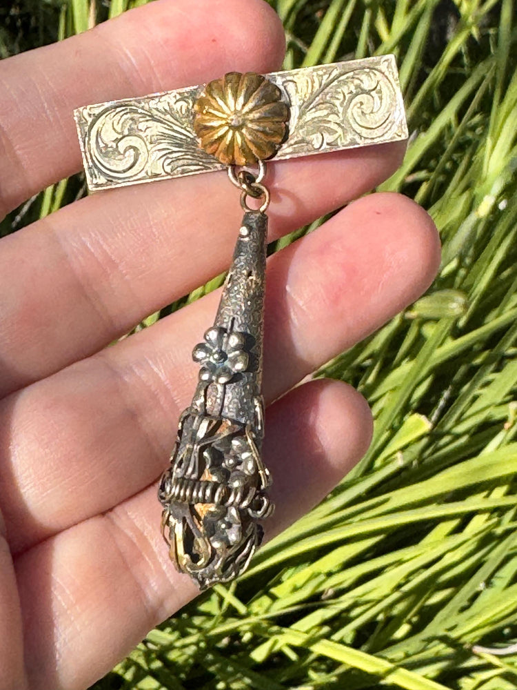 Antique Sterling Silver & 14k Gold Watch Pin Brooch – Victorian Floral Drop, Mixed Metal, C-Clasp