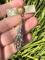 Antique Sterling Silver & 14k Gold Watch Pin Brooch – Victorian Floral Drop, Mixed Metal, C-Clasp