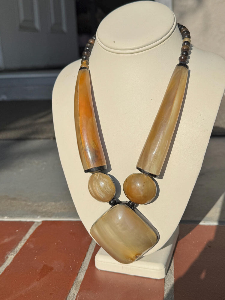 1970s Lucite Statement Necklace: Faux Horn Tribal Boho Jewelry