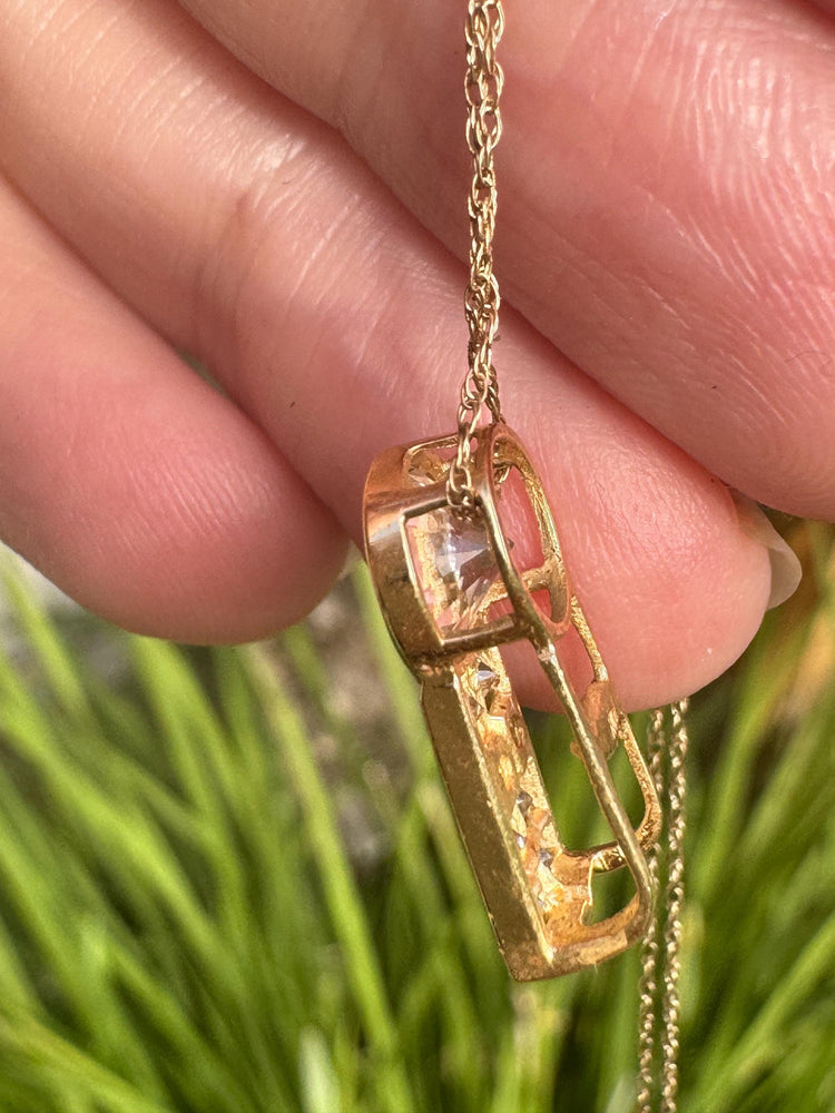 Vintage Solid 14K Gold CZ Pendant with 18 inch 10K Gold Chain – Art Deco Slide Design, Reversible Wear
