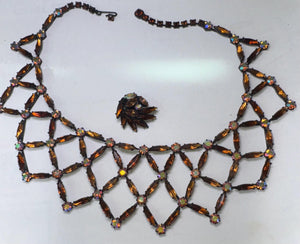 Vintage Amber Rhinestone Bib Necklace: Japanned Setting, Aurora Borealis, 1950s Glamour
