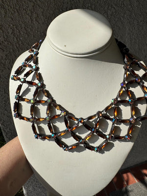 Vintage Amber Rhinestone Bib Necklace: Japanned Setting, Aurora Borealis, 1950s Glamour