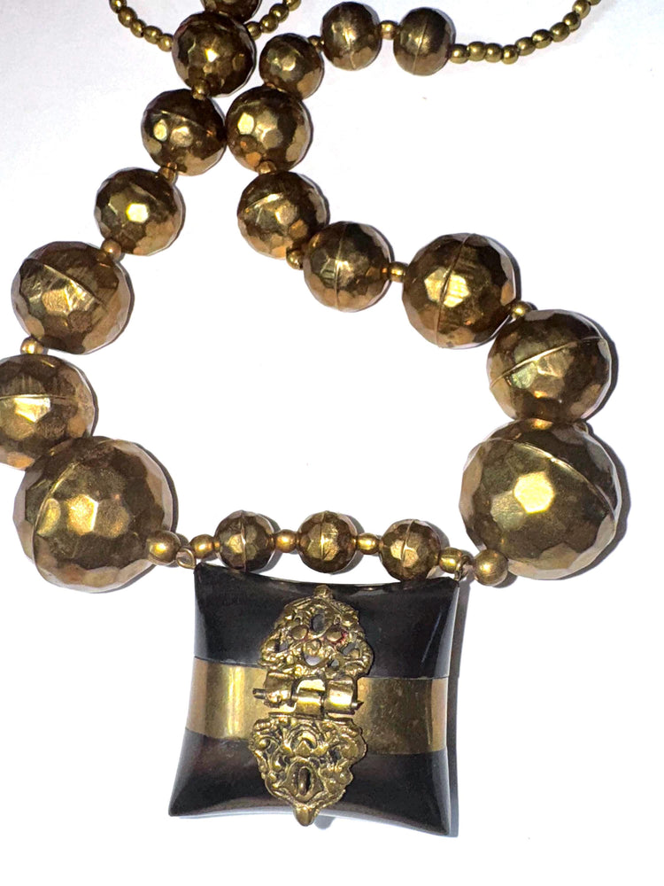 Vintage Tribal Bakelite Prayer Box Necklace – Large Brass Beads & Hinged Locket Pendant, Ethnic Statement Jewelry - Rare and Super Unusual