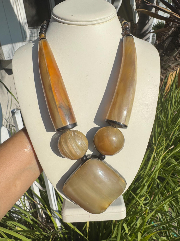 1970s Lucite Statement Necklace: Faux Horn Tribal Boho Jewelry