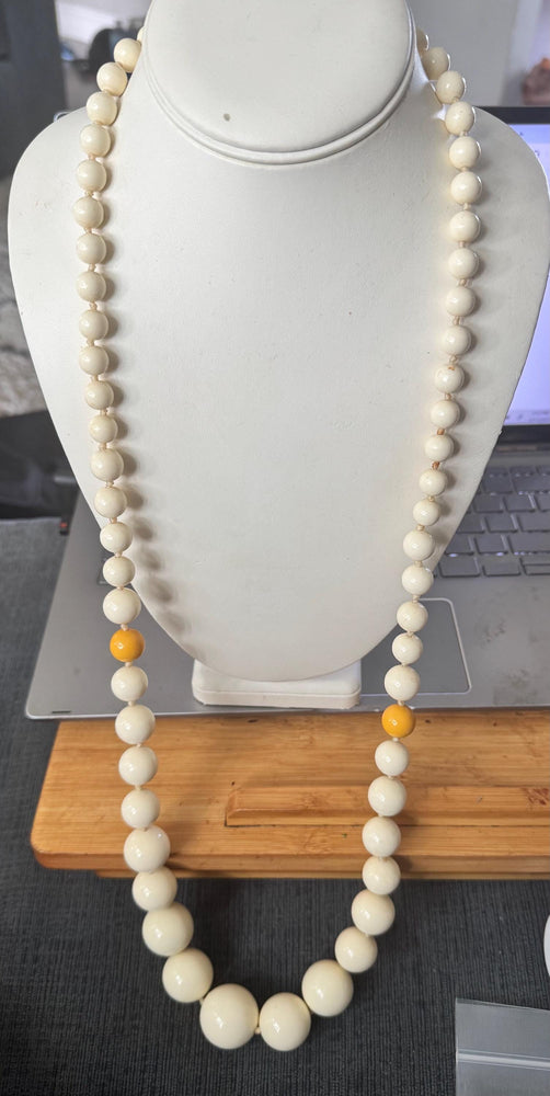 1930s Galalith Bead Necklace: Vintage Cream Opera Length, Hand Knotted