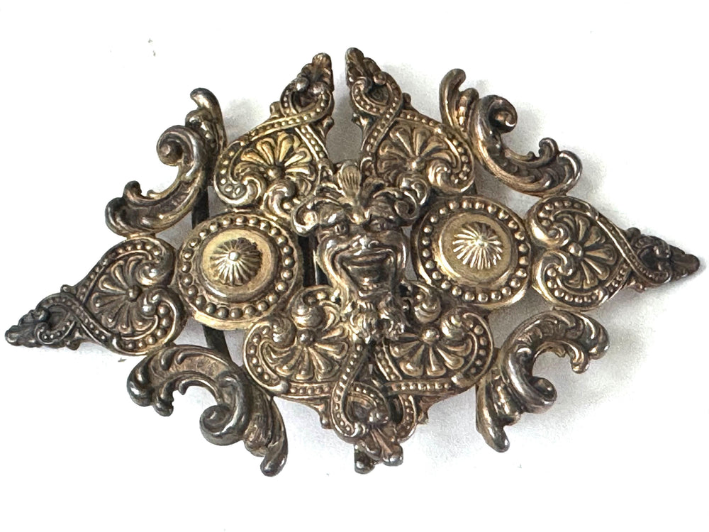 Antique Sterling Silver Belt Buckle: Ornate Green Man, Renaissance Revival