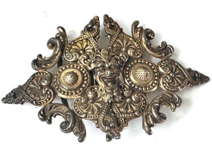 Antique Sterling Silver Belt Buckle: Ornate Green Man, Renaissance Revival