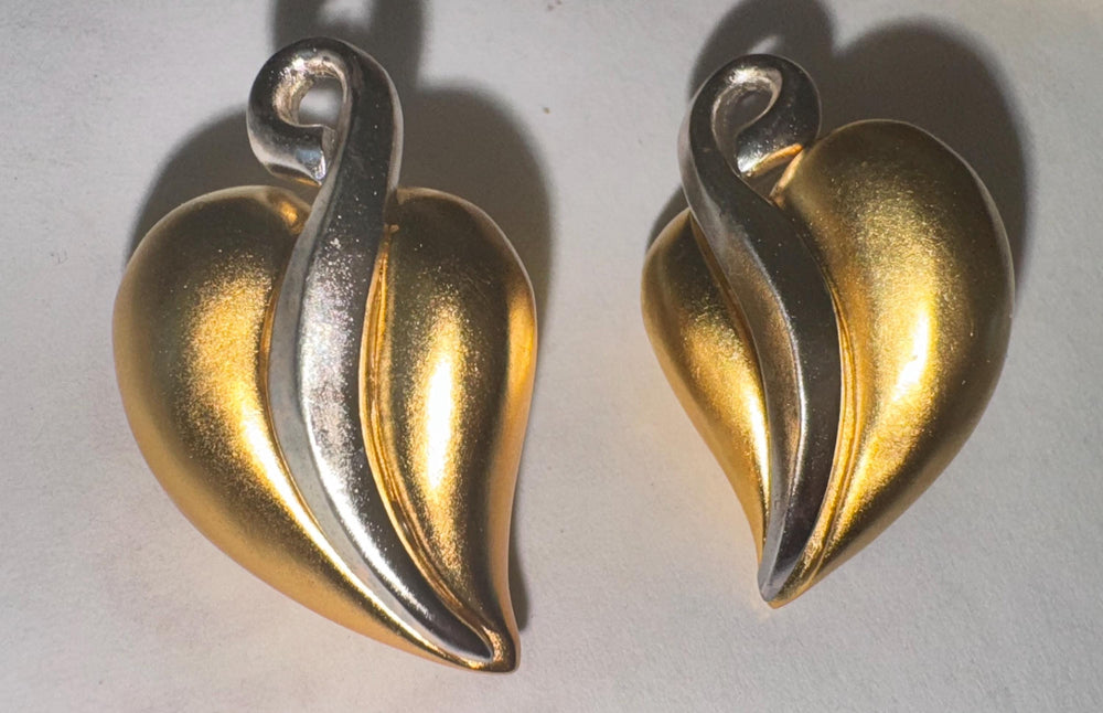 Vintage Karl Lagerfeld Gold & Silver Heart Earrings – Signed KL Modernist 1980s Sculptural Design