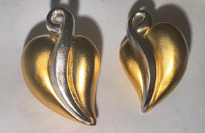 Vintage Karl Lagerfeld Gold & Silver Heart Earrings – Signed KL Modernist 1980s Sculptural Design