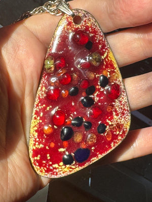 Bold Mid Century Modernist Enamel Pendant – Torch-Fired Copper with Glass Cabochons – 1960s Studio Art Jewelry Big Statement Necklace