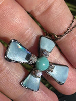 Vintage Copper Cross Pendant with Sliced Fluorite & Blue Glass – Sterling Silver Chain – Artisan Wide-Arm Mid-Century Necklace