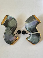 Cynthia Chuang Ceramic & Onyx Earrings – Signed © Jewelry 10 – 1980s Abstract Clip-On Earrings, Postmodern Sculptural Art Jewelry