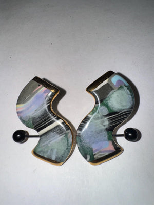 Cynthia Chuang Ceramic & Onyx Earrings – Signed © Jewelry 10 – 1980s Abstract Clip-On Earrings, Postmodern Sculptural Art Jewelry