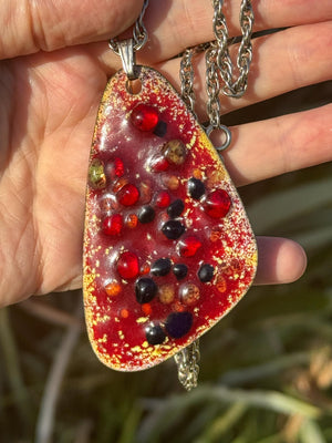 Bold Mid Century Modernist Enamel Pendant – Torch-Fired Copper with Glass Cabochons – 1960s Studio Art Jewelry Big Statement Necklace