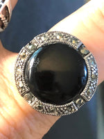 Antique art deco black onyx and marcasites gemstone sterling silver 925 statement ring vintage Size 6.5