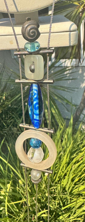 Modernist Sterling Silver Necklace | Kinetic Artisan Pendant | Blue Glass Bead | Studio Brutalist Jewelry | 1970s Mixed Metals