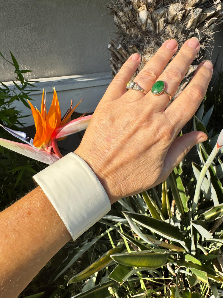 Vintage Wide White Enamel Copper Brass Cuff Bracelet | Mid Century Modernist 40mm (1.6”) Statement Jewelry