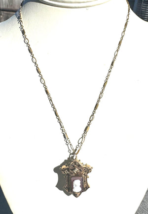 Rare 1879 Patent 14k Gold Victorian Hardstone Cameo Locket Brooch Pendant w/ Secret Compartment & Enamel