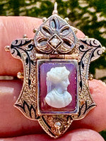 Rare 1879 Patent 14k Gold Victorian Hardstone Cameo Locket Brooch Pendant w/ Secret Compartment & Enamel