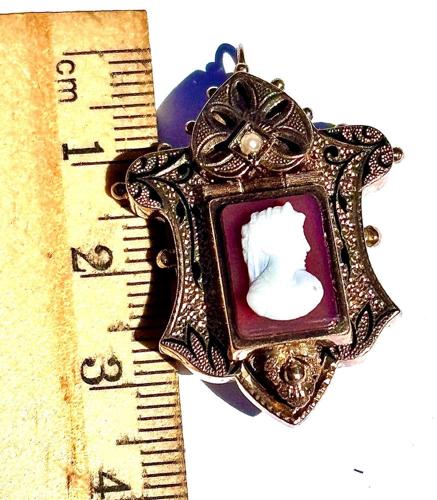 Rare 1879 Patent 14k Gold Victorian Hardstone Cameo Locket Brooch Pendant w/ Secret Compartment & Enamel