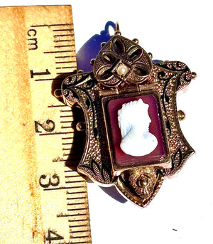 Rare 1879 Patent 14k Gold Victorian Hardstone Cameo Locket Brooch Pendant w/ Secret Compartment & Enamel