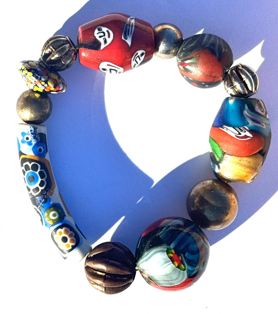Antique Venetian Trade Bead Bracelet – Millefiori, Face, Barrel & Tubular Beads, African Trade Glass Jewelry