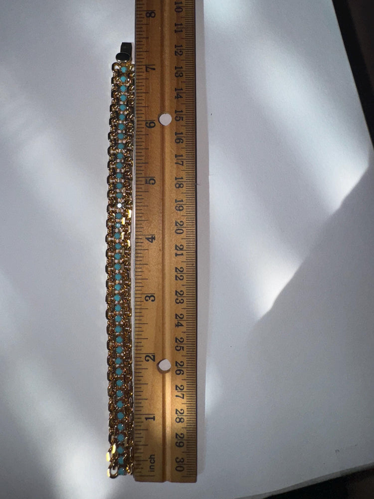 Vintage 1960s Gold Tone Link Bracelet with Turquoise Blue Glass Beads, 10.5mm  Wide Mid Century Costume Jewelry