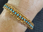 Vintage 1960s Gold Tone Link Bracelet with Turquoise Blue Glass Beads, 10.5mm  Wide Mid Century Costume Jewelry