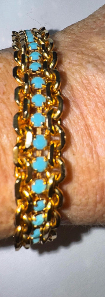 Vintage 1960s Gold Tone Link Bracelet with Turquoise Blue Glass Beads, 10.5mm  Wide Mid Century Costume Jewelry
