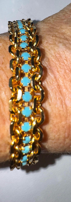 Vintage 1960s Gold Tone Link Bracelet with Turquoise Blue Glass Beads, 10.5mm  Wide Mid Century Costume Jewelry