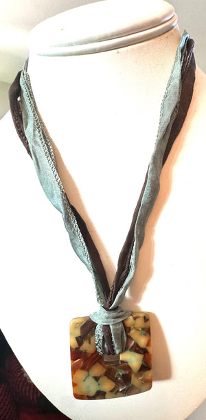 Artisan Resin Pendant Necklace with Sterling Silver JC 925 Findings on Silk Ribbon 1.5 Inches