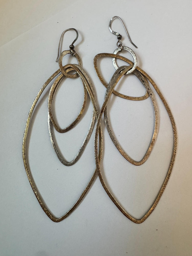 Bold Rustic Sterling Silver & Gold Vermeil Layered Dangle Earrings | Oversized Hammered Sandy Texture Hoops | Runway Statement Jewelry