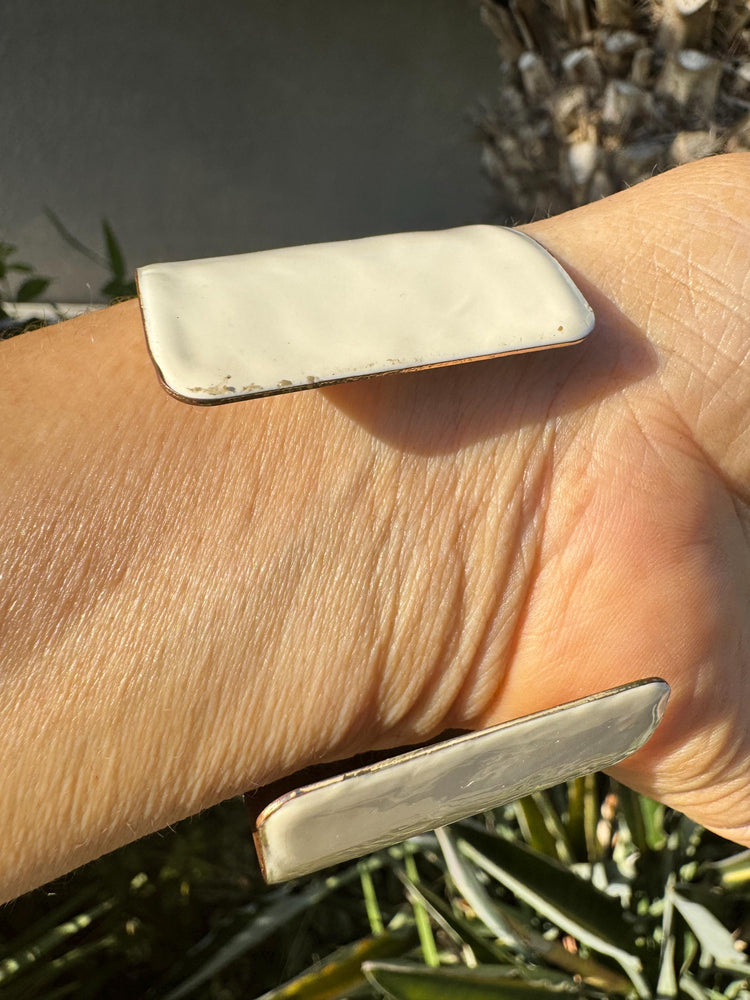 Vintage Wide White Enamel Copper Brass Cuff Bracelet | Mid Century Modernist 40mm (1.6”) Statement Jewelry