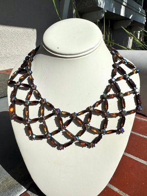 Vintage Amber Rhinestone Bib Necklace: Japanned Setting, Aurora Borealis, 1950s Glamour