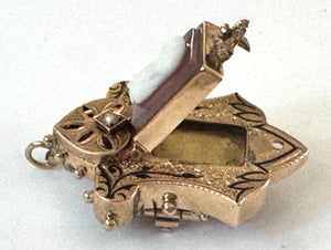 Rare 1879 Patent 14k Gold Victorian Hardstone Cameo Locket Brooch Pendant w/ Secret Compartment & Enamel