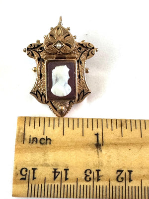 Rare 1879 Patent 14k Gold Victorian Hardstone Cameo Locket Brooch Pendant w/ Secret Compartment & Enamel