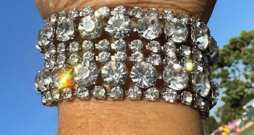 Vintage Weiss Style Austrian Crystal Rhinestone Cuff Bracelet – Wide 32.5mm 7 Inch Statement with Secure Clasp – Possibly Unsigned Weiss